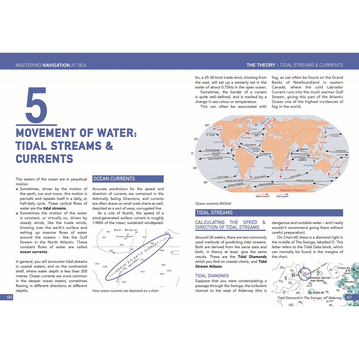 The "Movement of Water: Tidal Streams & Currents" page from Fernhurst Books' "Mastering Navigation at Sea" features diagrams, a global ocean currents map, clear explanations, and helpful highlights on yacht navigation skills.