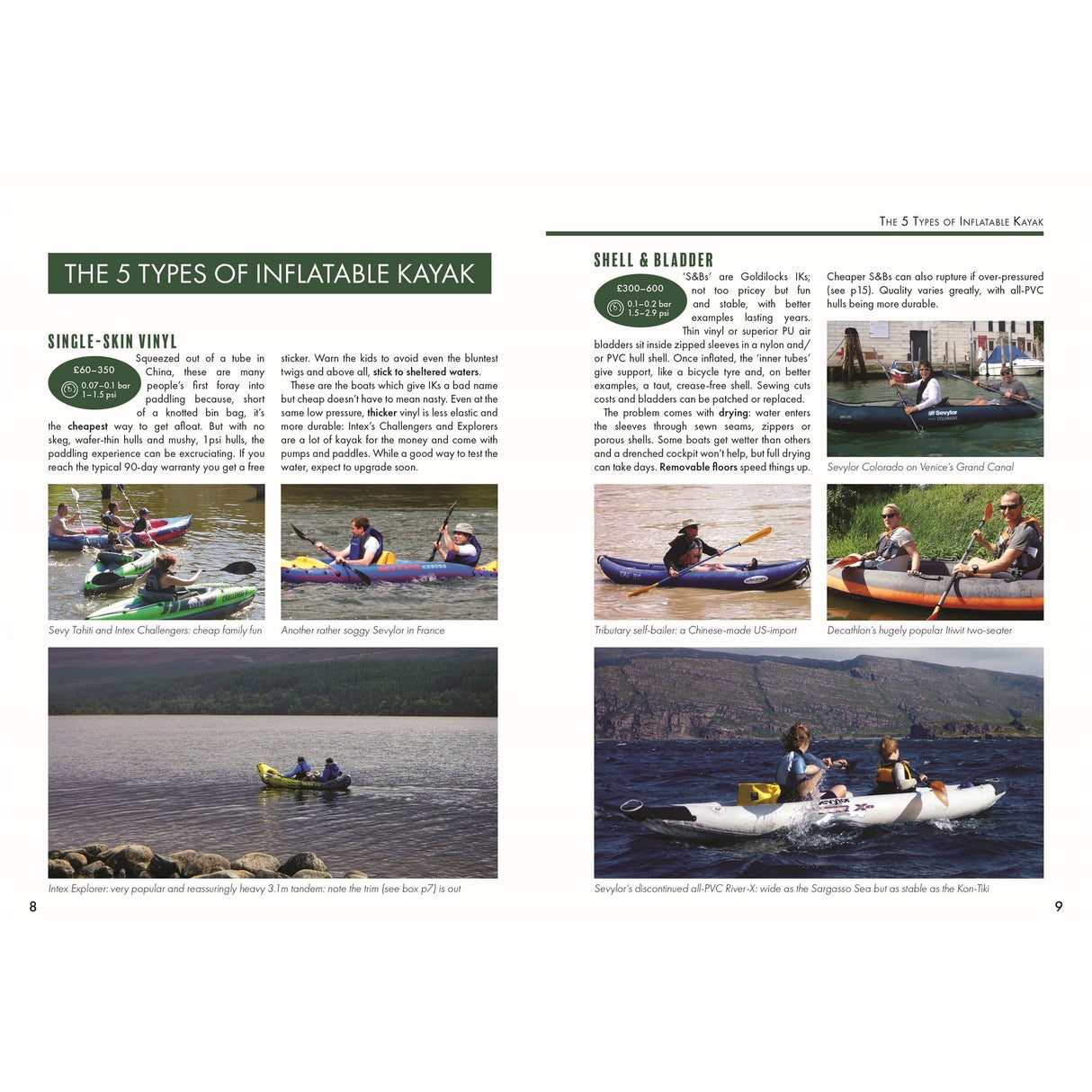 A two-page spread from Fernhurst Books' "Inflatable Kayaking" guide displays descriptions and photos of single-skin vinyl and shell & bladder kayaks, featuring people paddling on lakes and rivers.