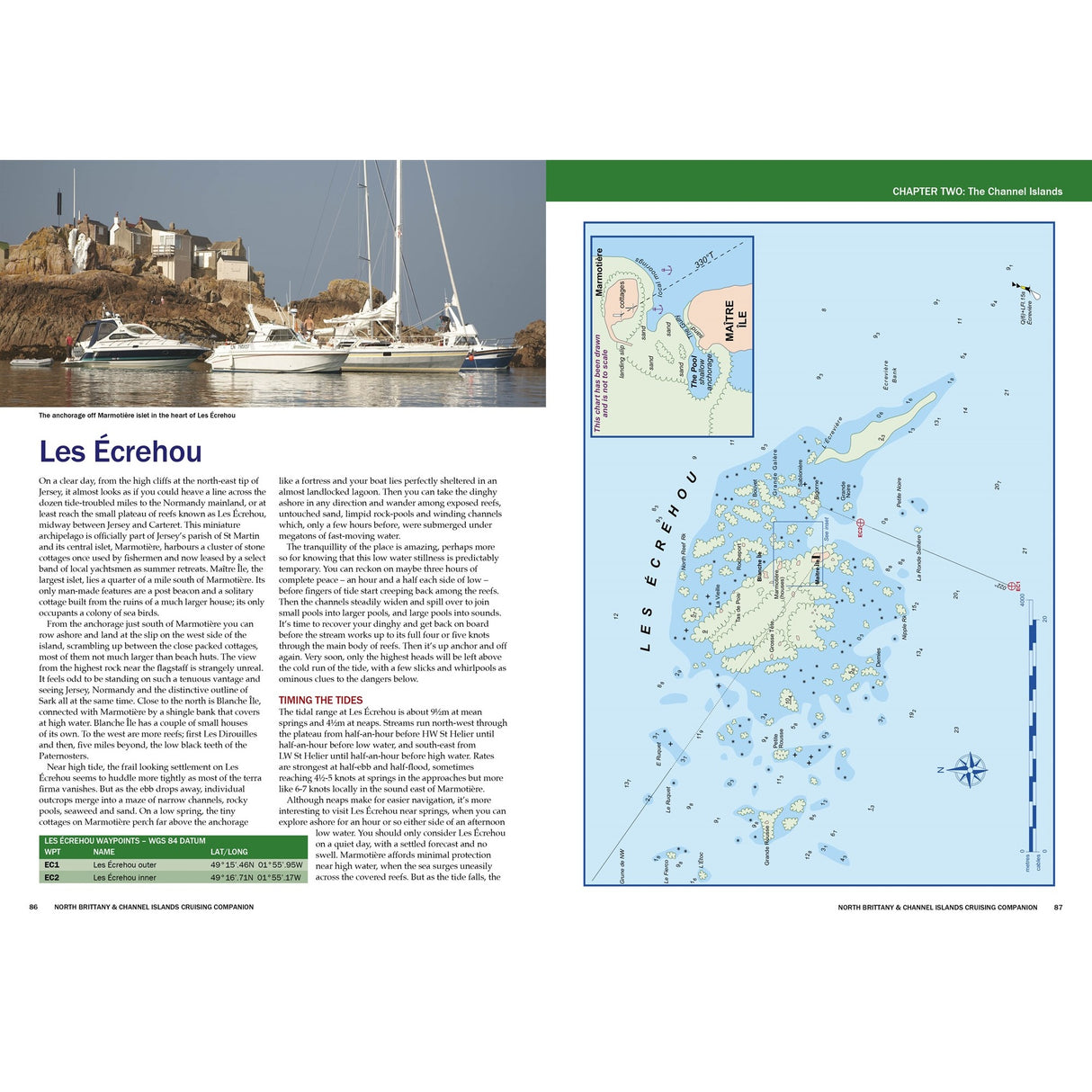 A two-page spread in Fernhurst Books’ North Brittany & Channel Islands Cruising Companion features Les Écréhous text, boat and islet photos, and pilotage with a detailed chart—an essential guide for cruising the region.