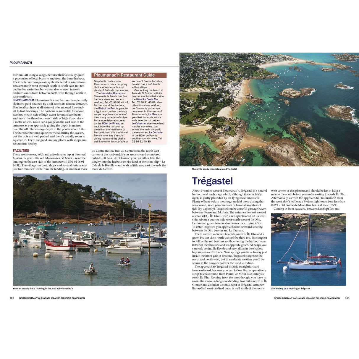 A magazine spread showcases aerial and dockside photos of a coastal town with boats and clear water, text about Ploumanac’h and Trégastel, a restaurant guide, plus cruising tips from Fernhurst Books’ North Brittany & Channel Islands Cruising Companion.
