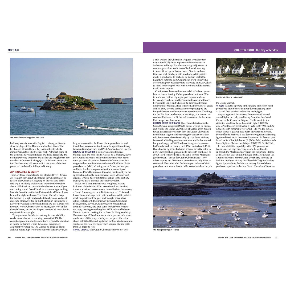 A guidebook spread from Fernhurst Books' "North Brittany & Channel Islands Cruising Companion" features text and three photos—a fortified island, a lively marina, and low-tide coast—perfect for North Brittany cruising and packed with pilotage info.