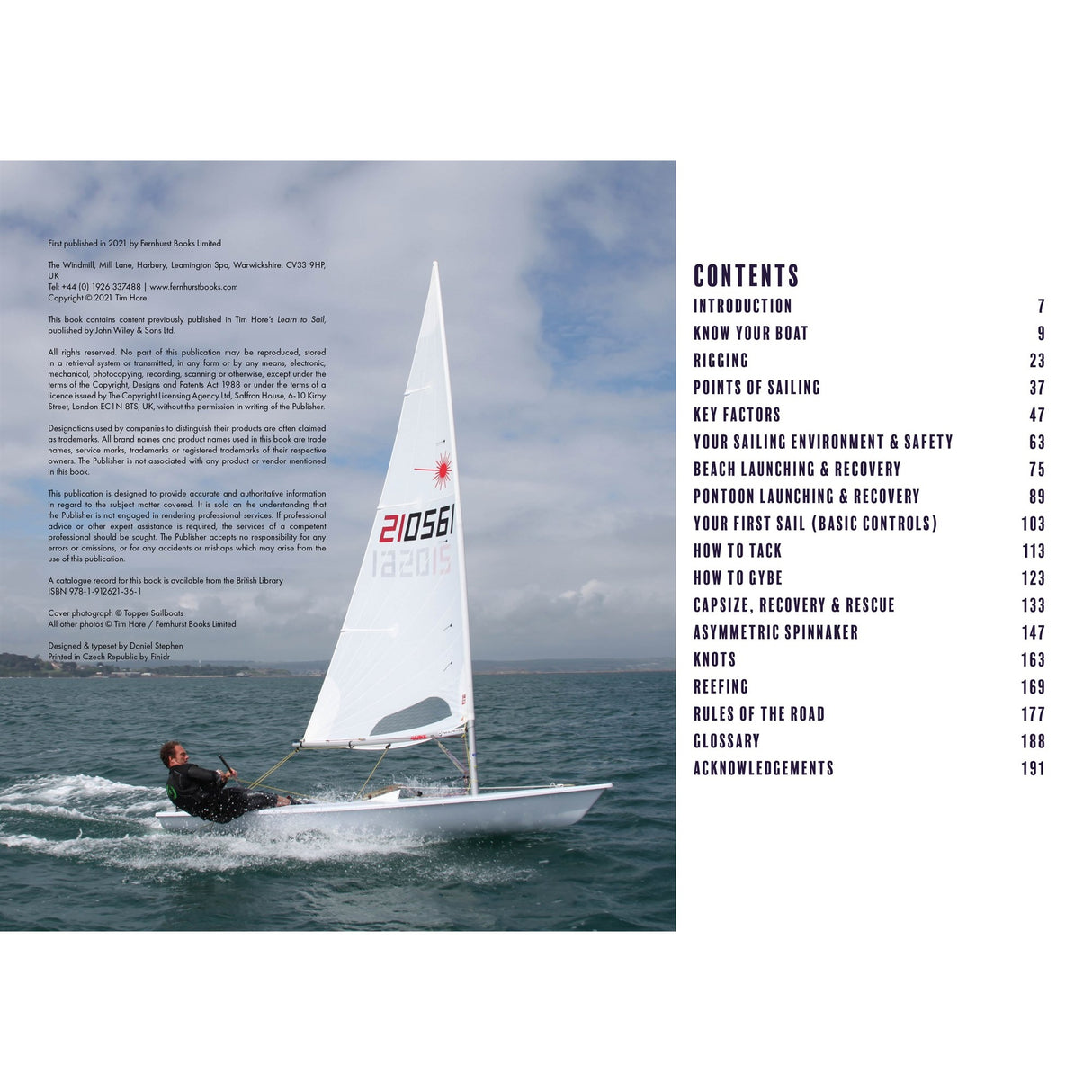 A person sails a solo dinghy under a partly cloudy sky, shore in view. On the right, the Sailing: A Beginner's Guide contents page from Fernhurst Books appears—ideal for anyone eager to learn sailing basics.