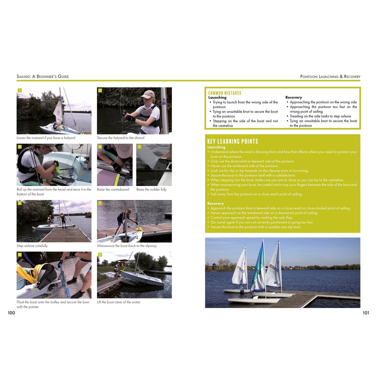 Sailing: A Beginner's Guide" by Fernhurst Books features a step-by-step photo guide for beginners, showing how to launch a sailboat, secure ropes, and more. Clear instructions and photos with two boats on the water are included.