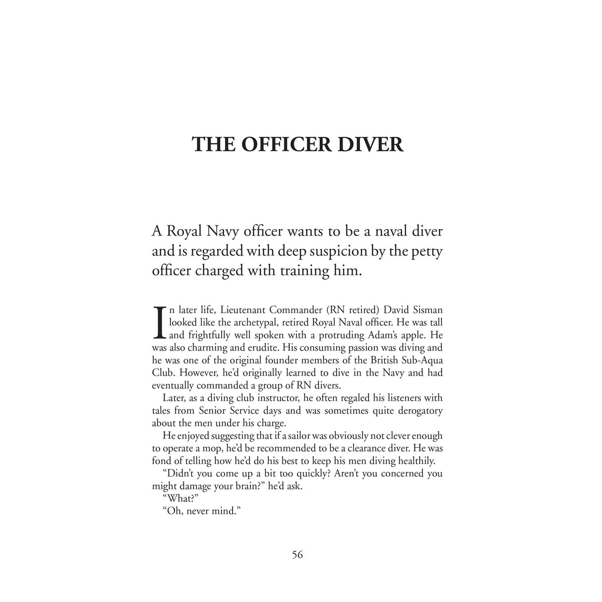 A page in "Amazing Diving Stories" by Fernhurst Books features Lieutenant Commander David Simmian, a Royal Navy officer eager to dive despite the suspicion of his petty officer trainer, highlighting this extreme watersport.