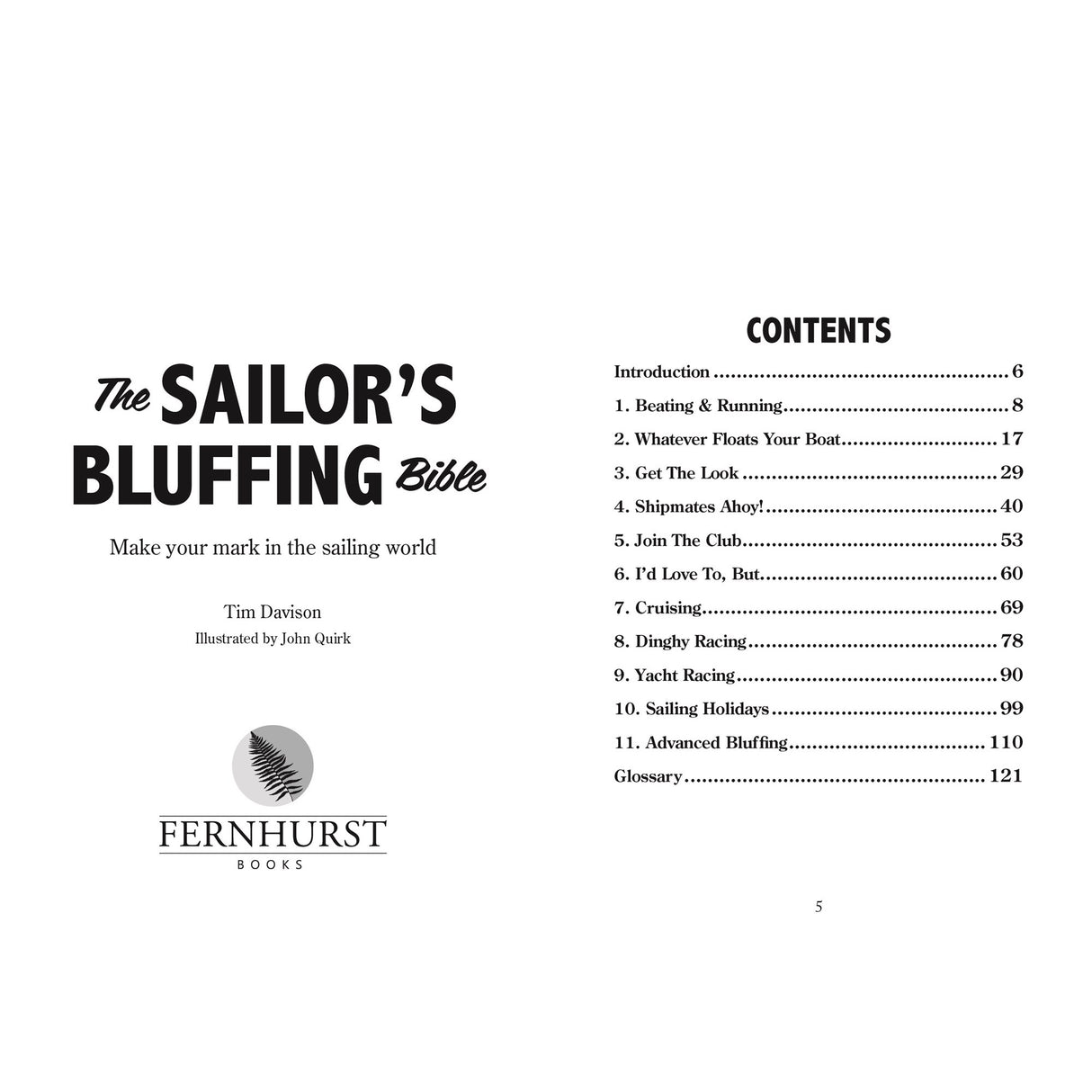 The title page and table of contents for "Sailor's Bluffing Bible" from Fernhurst Books, listing chapters and pages, with the Fernhurst Books logo at the bottom left.