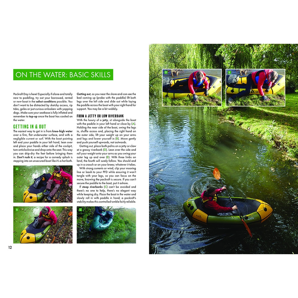 Fernhurst Books’ "Packrafting: A Beginner's Guide" features a magazine spread with text and three photos of kayak prep on grass, plus a large photo of packrafting on a calm, tree-lined river.