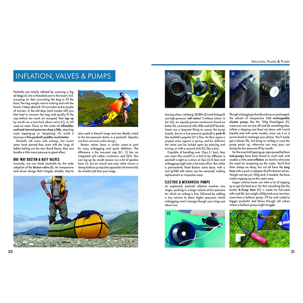 Packrafting: A Beginner's Guide by Fernhurst Books features tips, gear photos, valve close-ups, a person inflating a packraft, and scenic landscapes—perfect for beginners learning about packrafts and inflation techniques.