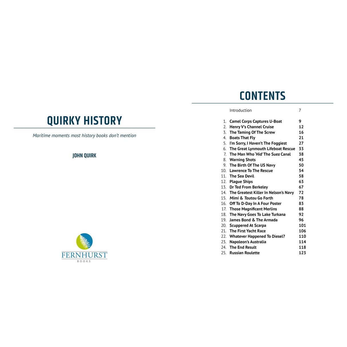 The title page and table of contents of "Quirky History" by Fernhurst Books reveal 22 illustrated chapters packed with entertaining and unusual maritime history rarely found in other books.