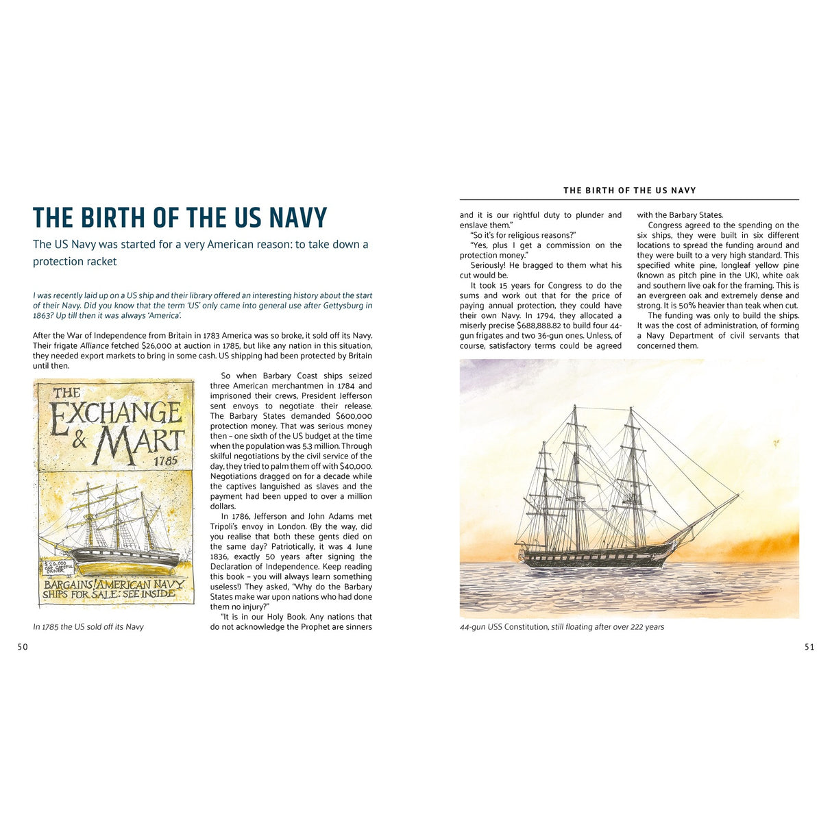 A two-page Quirky History spread by Fernhurst Books, titled "The Birth of the US Navy," with maritime history text and an old book cover on the left, plus an early US Navy ship illustration on the right.