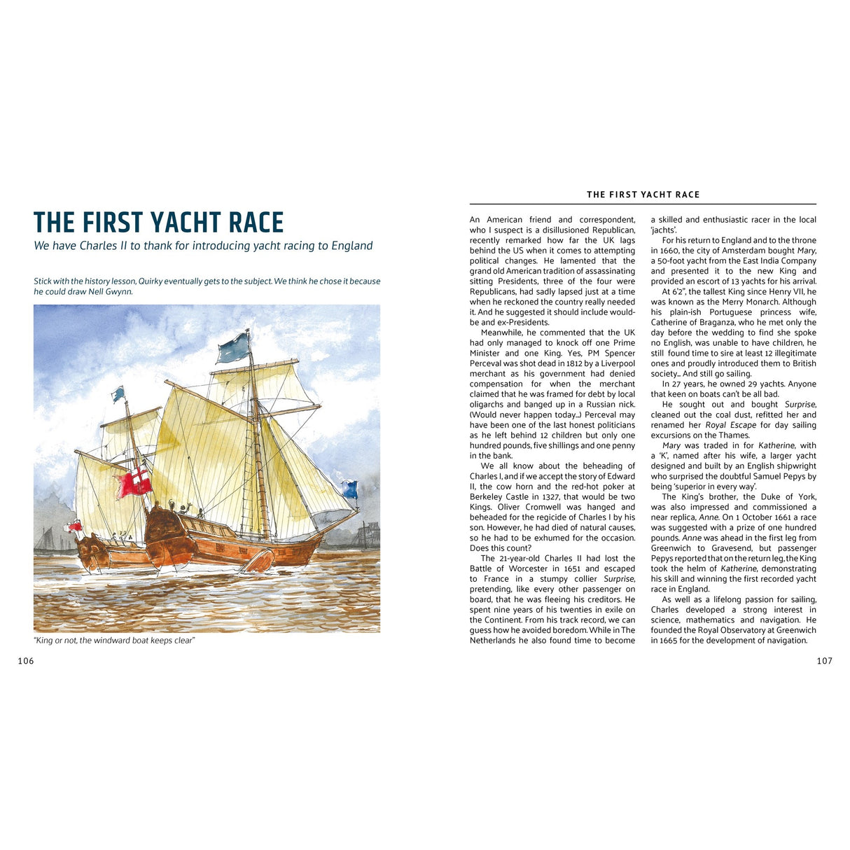 A watercolor of two historic sailing yachts racing at sea with crew on deck, featured in Fernhurst Books' "Quirky History." Magazine text nods to maritime heritage: “King or no, the windward boat keeps clear.”.