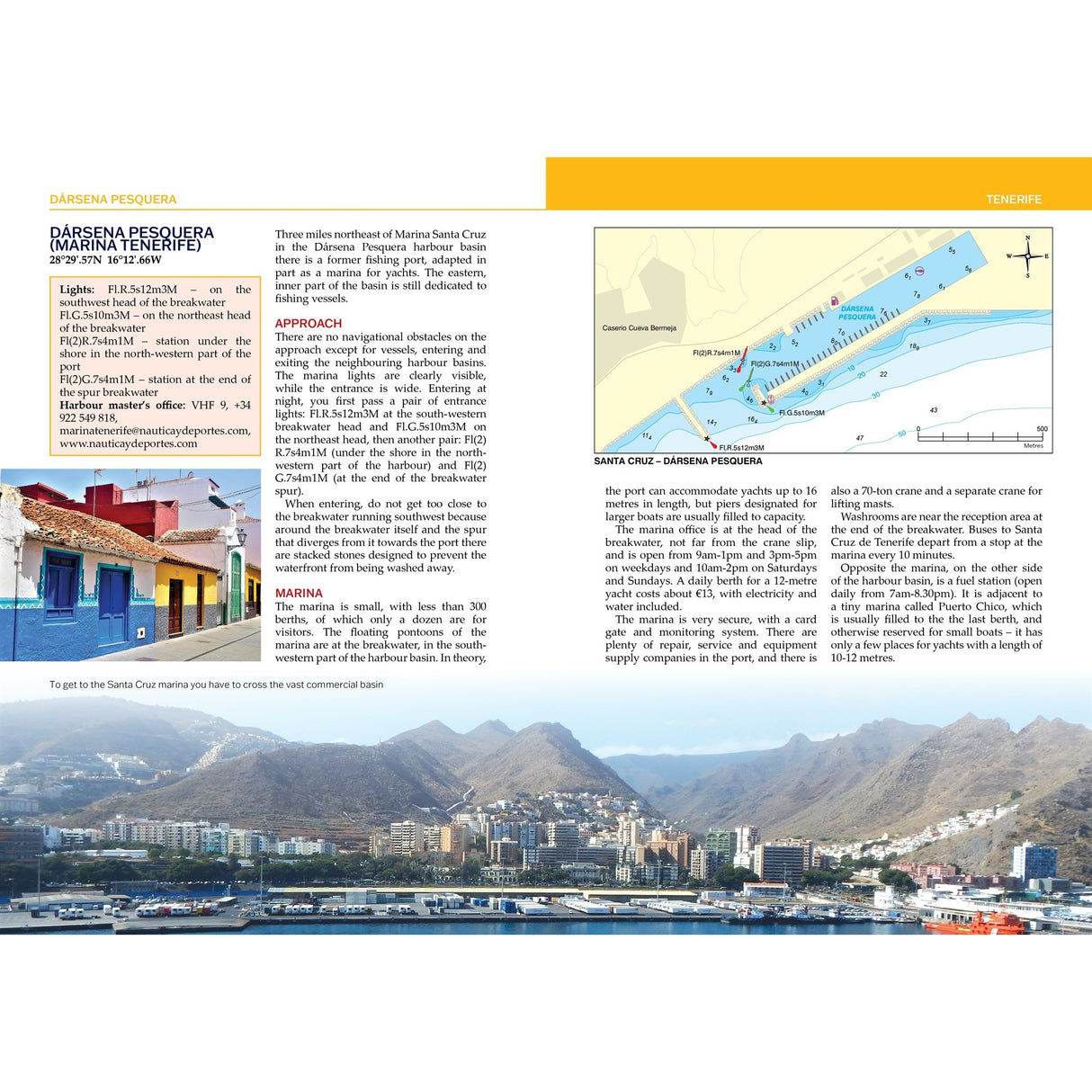 The Canary Islands Cruising Companion by Fernhurst Books is your sailing guide, featuring text, a Dársena Pesquera marina map with facilities, a coastline diagram, and photos of vibrant houses and Santa Cruz marina.