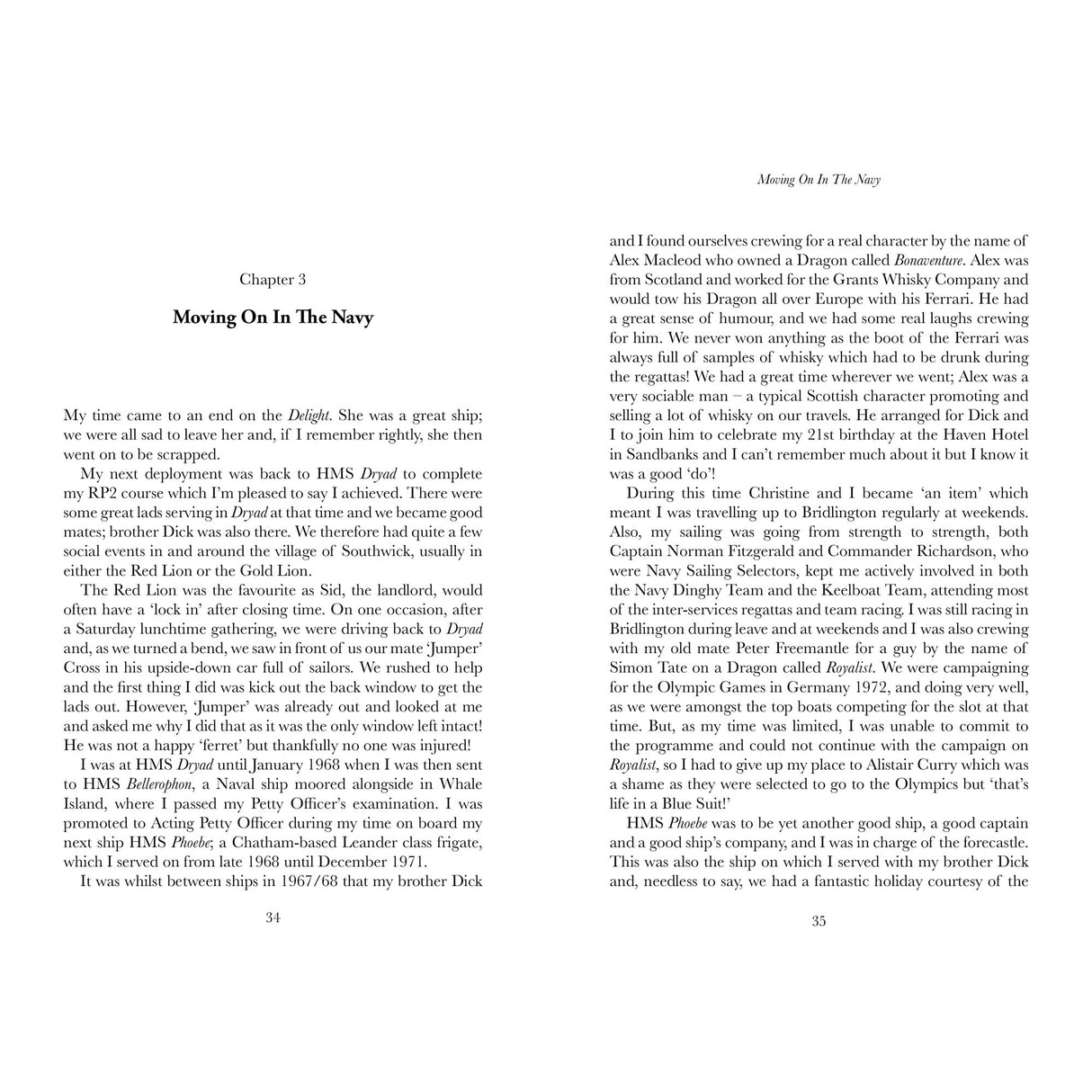 An open book, "My Life In A Blue Suit" by Fernhurst Books, displays two pages: the left titled "Chapter 3: Moving On In The Navy," sharing naval stories and Olympic sailing coach Jim Saltonstall's insights; the right continues with ships and people.