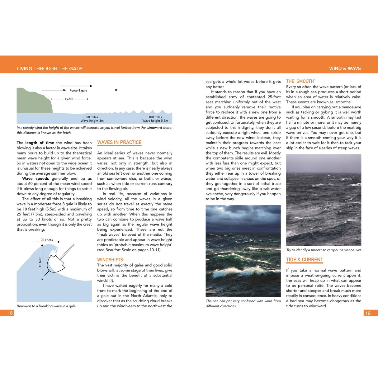 Fernhurst Books’ "Living Through The Gale" details how wind impacts waves, with diagrams of wave patterns, a boat in rough seas, and ocean photos—from calm to stormy—plus tide info and maritime safety tips for sailing in severe weather.