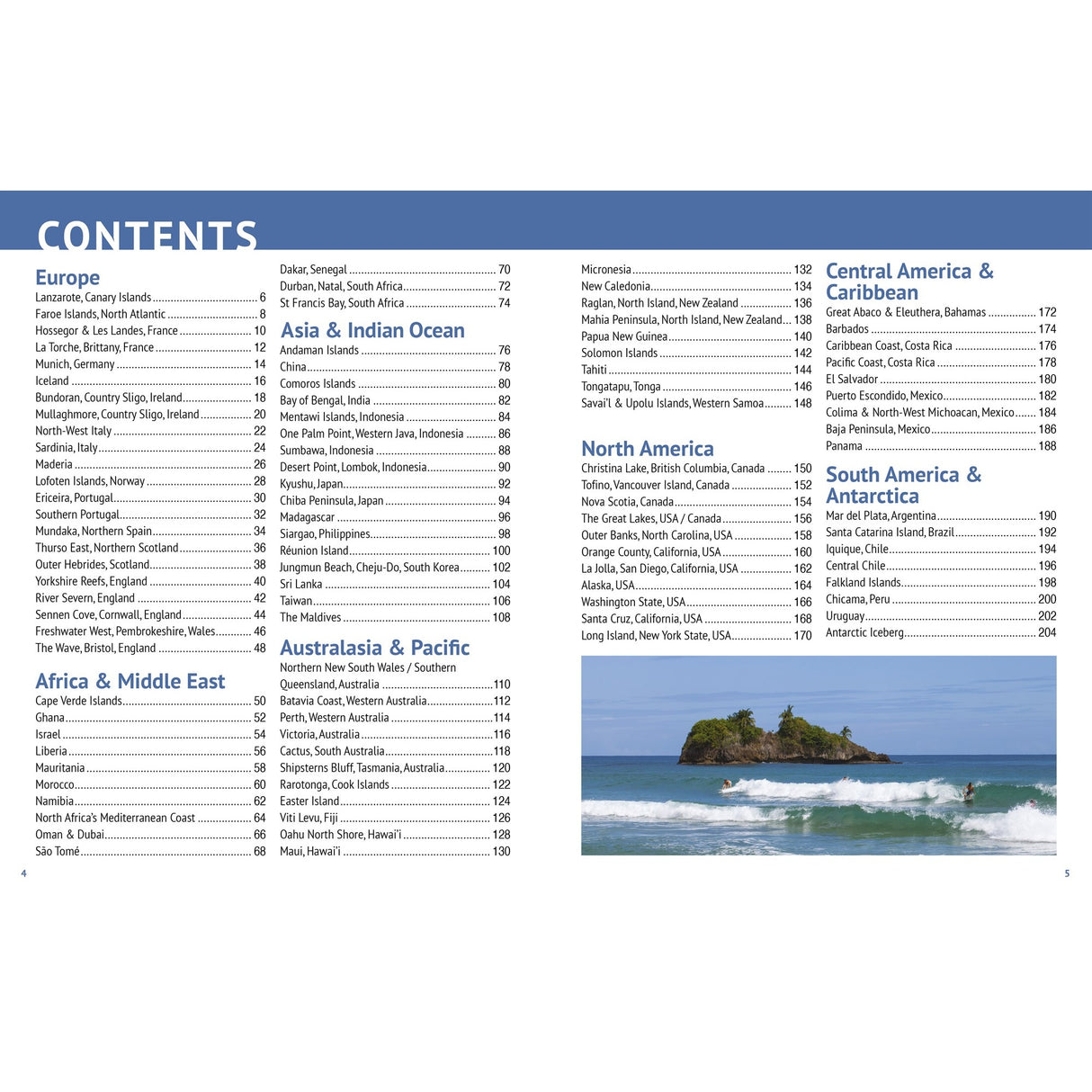 The table of contents in Ultimate Surfing Adventures by Fernhurst Books lists surf travel destinations by region and page; on the right is a photo of a tropical island with green trees, blue sky, and waves—ideal for surfing adventures.