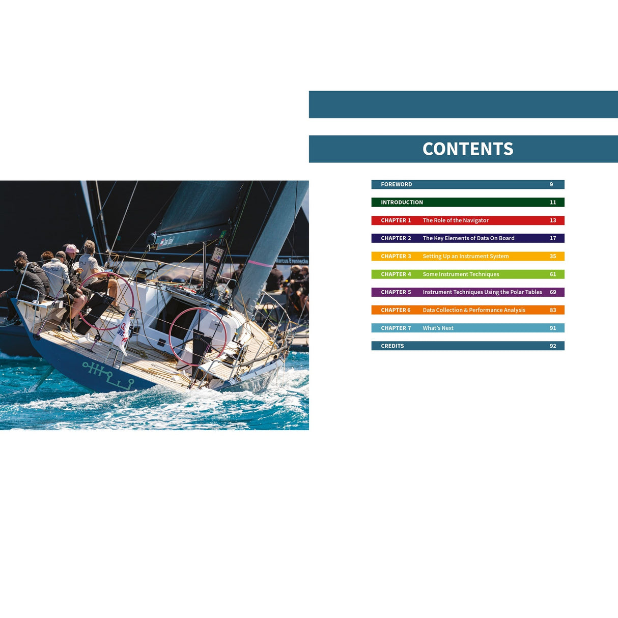 Sailing on bright blue water with a crew, "Mastering Data To Win" by Fernhurst Books is shown beside racing yacht instruments and a chapter summary with colored highlights on a crisp white background.