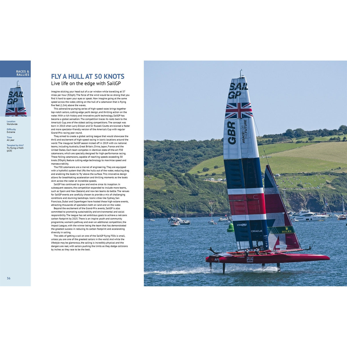 A high-speed SailGP catamaran with British flags and "GBR" sails glides on water, one hull lifted, against green hills. Discover such thrilling moments in "Ultimate Sailing Adventures" from Fernhurst Books. Text about SailGP appears on the left.