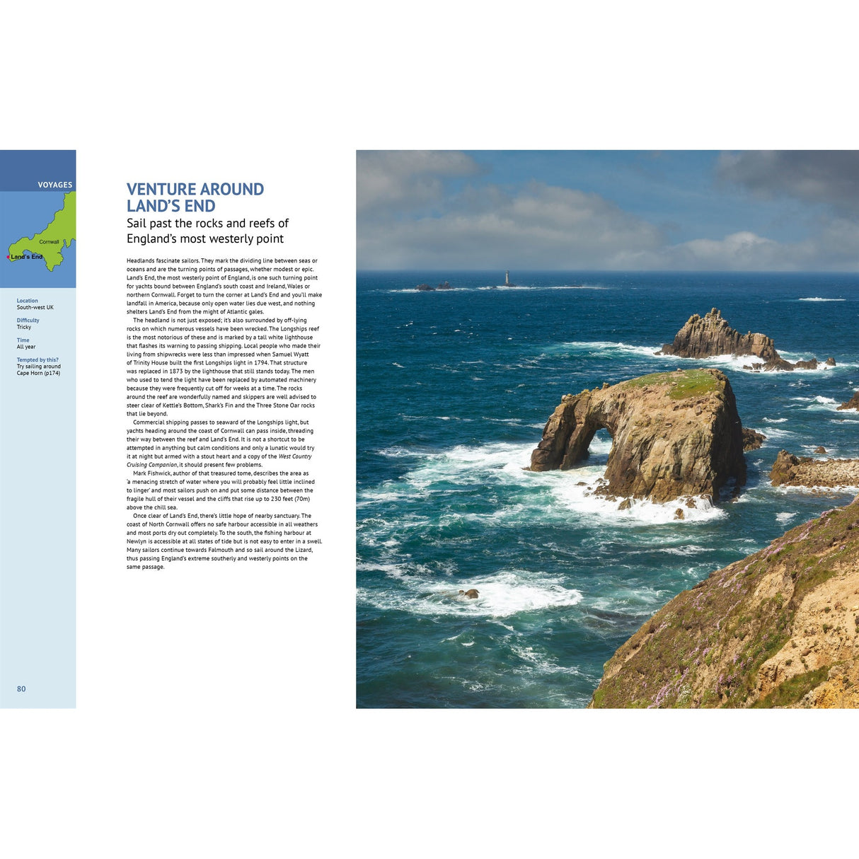 Experience the thrill of sailing past rocky cliffs, a sea arch, and distant lighthouse at Land’s End, England with Fernhurst Books’ Ultimate Sailing Adventures under a bright sky above blue ocean waves.