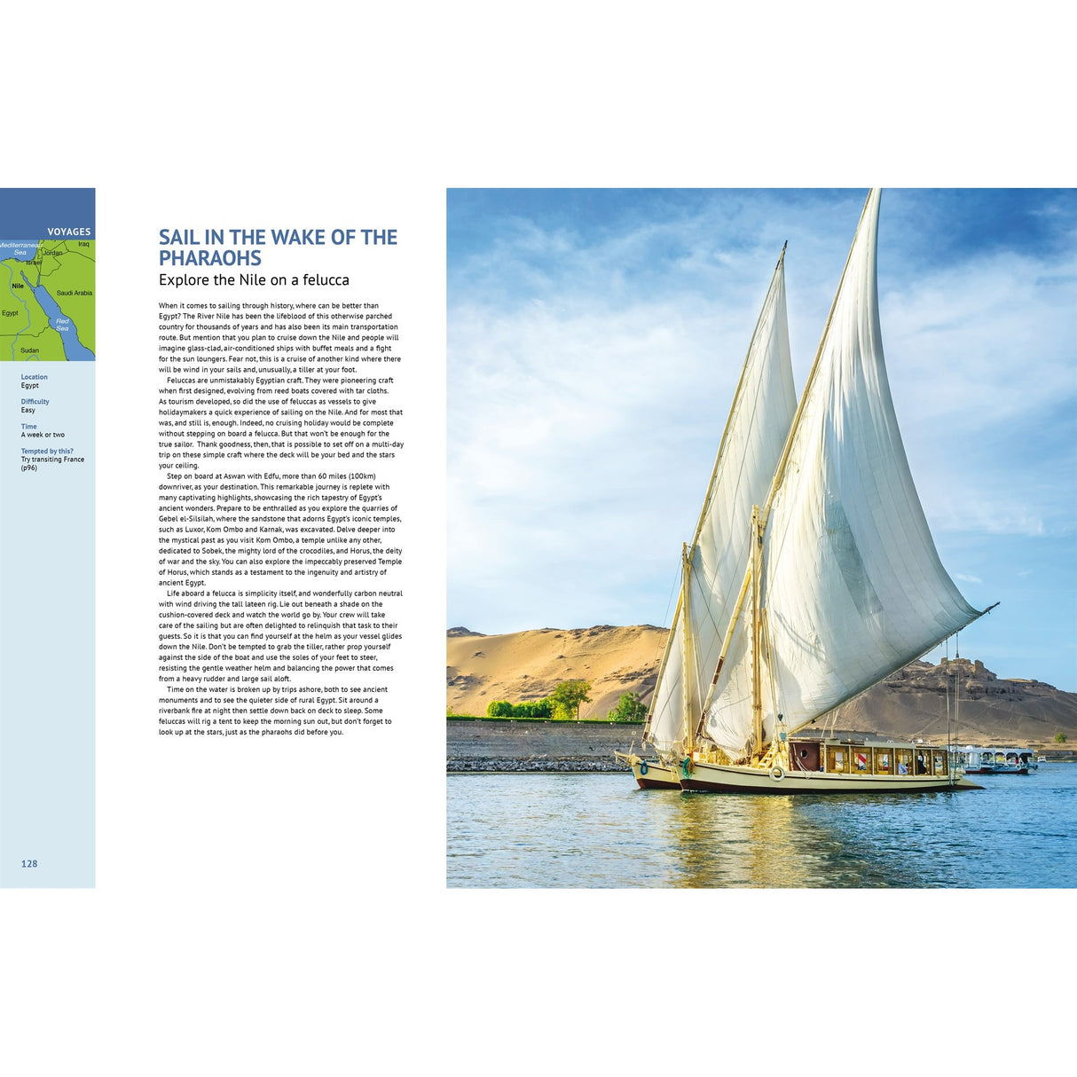 Experience Ultimate Sailing Adventures by Fernhurst Books: A classic white-sailed felucca cruises the Nile’s tranquil waters, framed by sandy hills and greenery. Text and a small map appear on the left of the image.