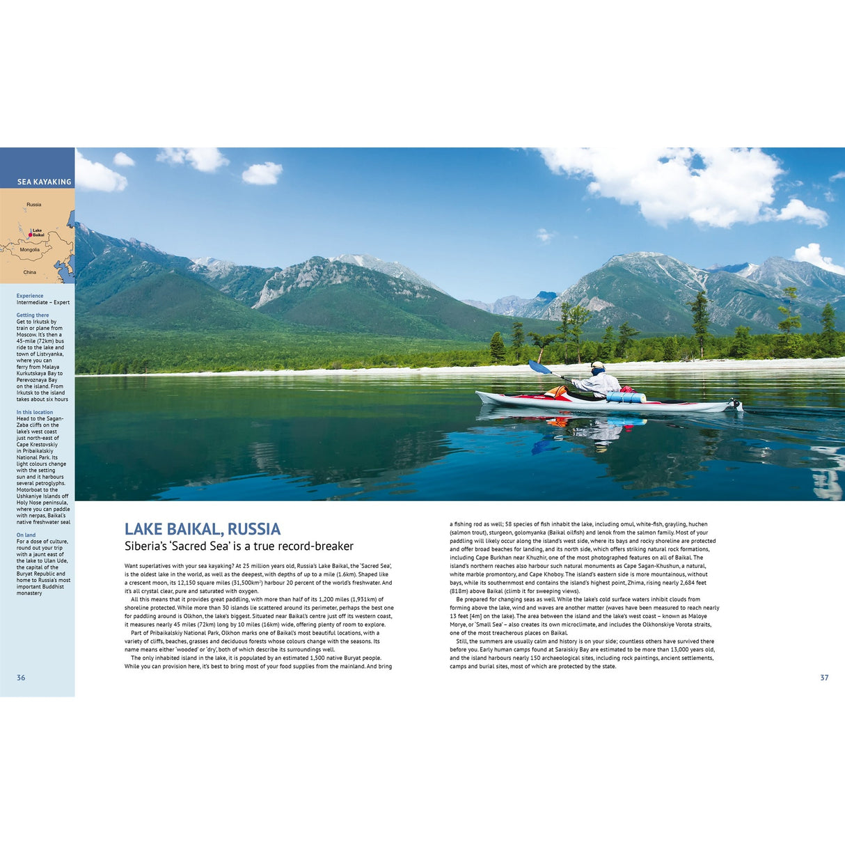 Wearing a red life jacket, a kayaker paddles across calm Lake Baikal in Russia, surrounded by mountains and forests. Info text appears on the left and bottom. Book: Ultimate Paddling Adventures by Fernhurst Books.