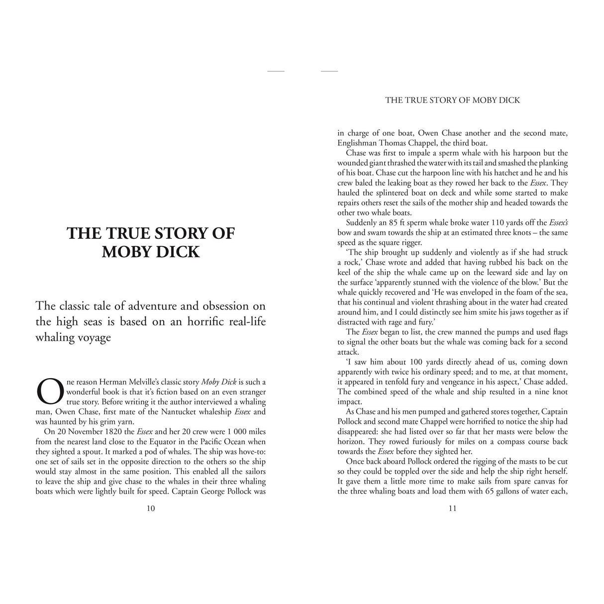 An open book, "Amazing Sailing Stories" by Fernhurst Books, displays two pages: the left introduces true sailing adventures that inspired Moby Dick; the right continues this engaging maritime tale.
