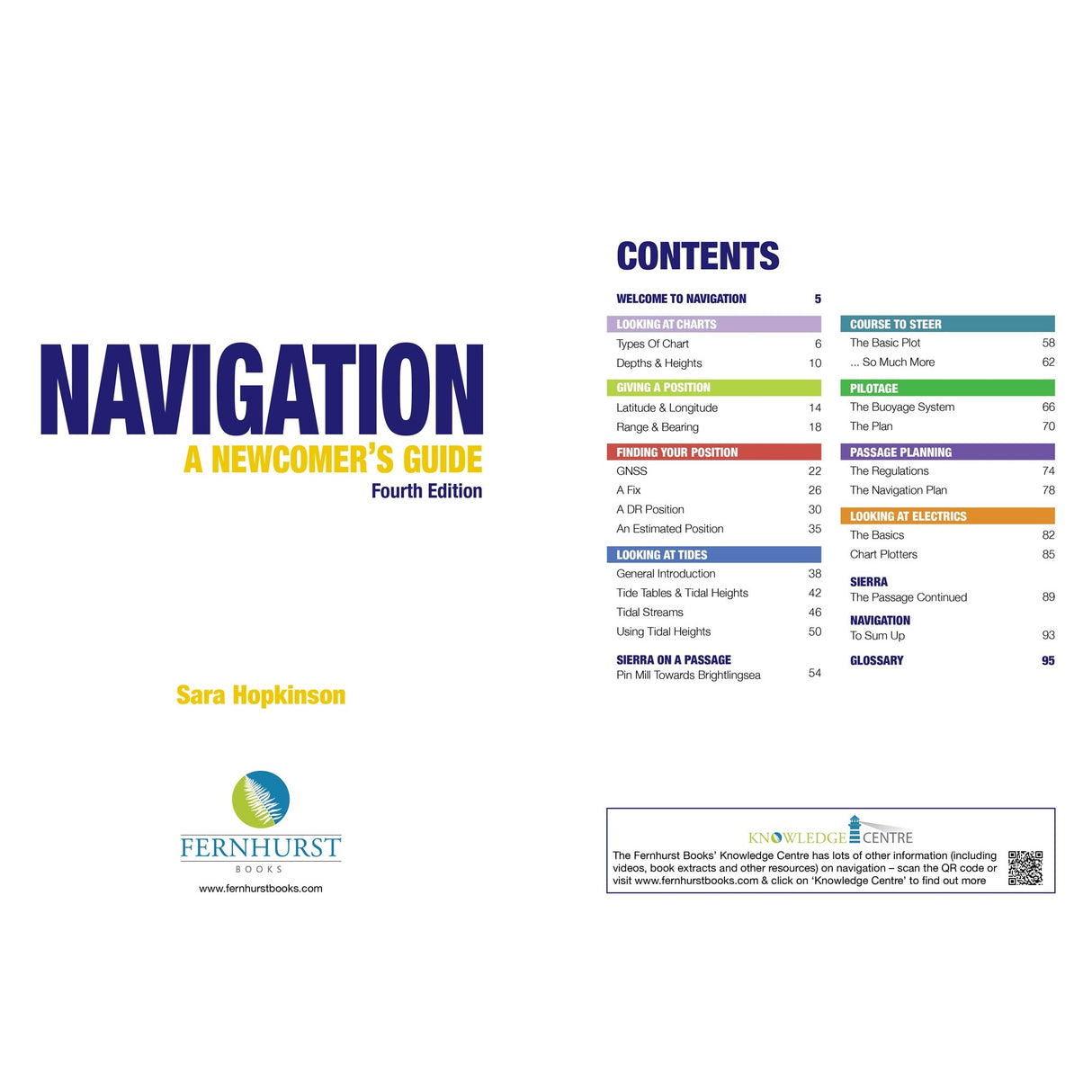 The cover and contents page of "Navigation: A Newcomer's Guide" by Fernhurst Books—a practical introduction to Admiralty charts, navigation aids, bearings, and rules of the road. Perfect for RYA Yachtmaster preparation.