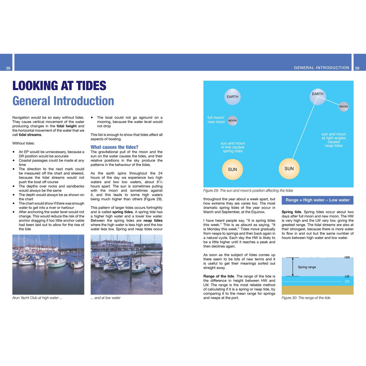 Navigation: A Newcomer's Guide by Fernhurst Books explains tides—key for navigation and Admiralty charts—with two diagrams: one shows sun, moon, and Earth illustrating tidal forces; another compares spring and neap tide ranges. Text and images appear in columns.