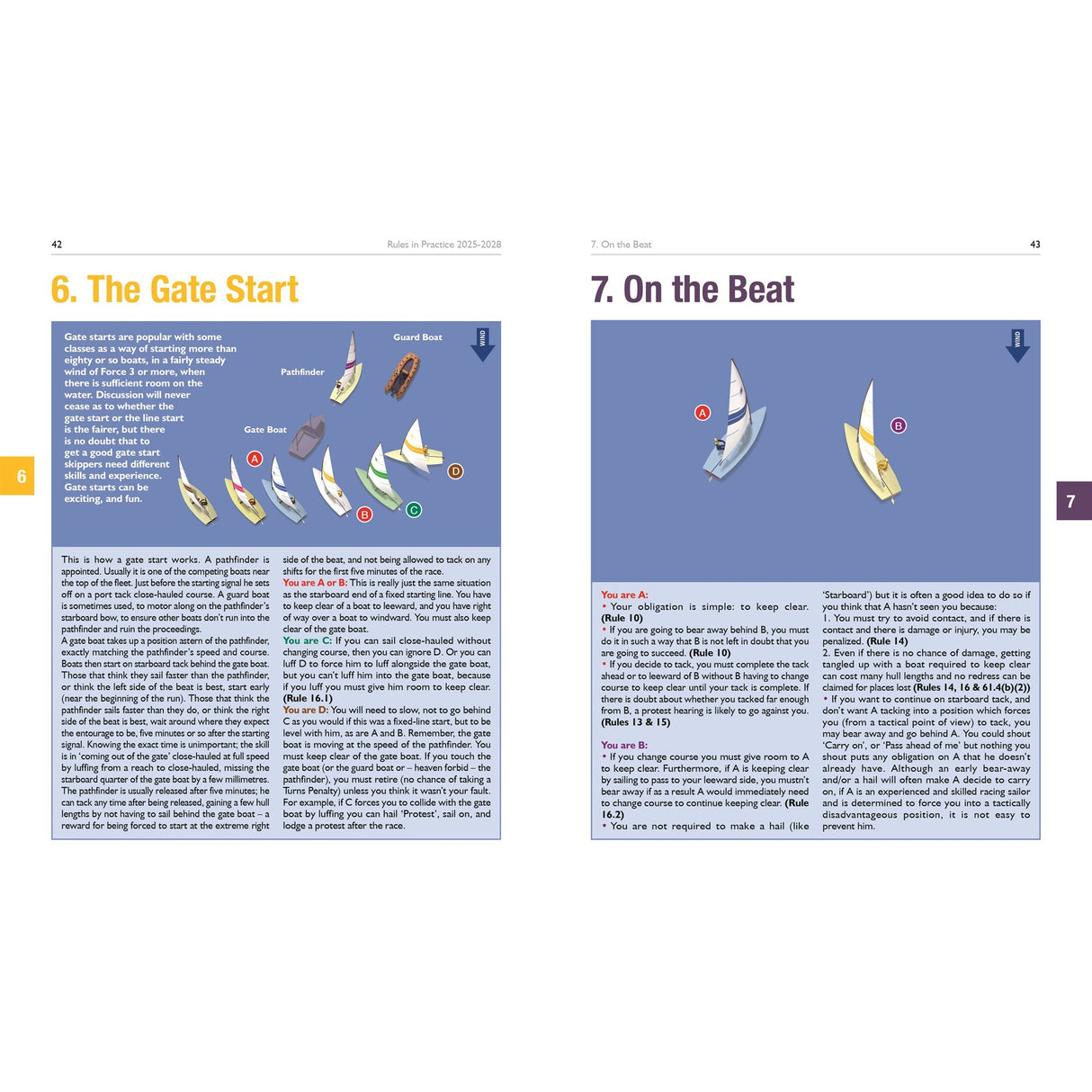 A two-page spread from Fernhurst Books’ "Rules In Practice 2025-2028" shows sections titled "6. The Gate Start" and "7. On the Beat," with diagrams, numbered steps, and text explaining sailing rules and racecourse procedures.