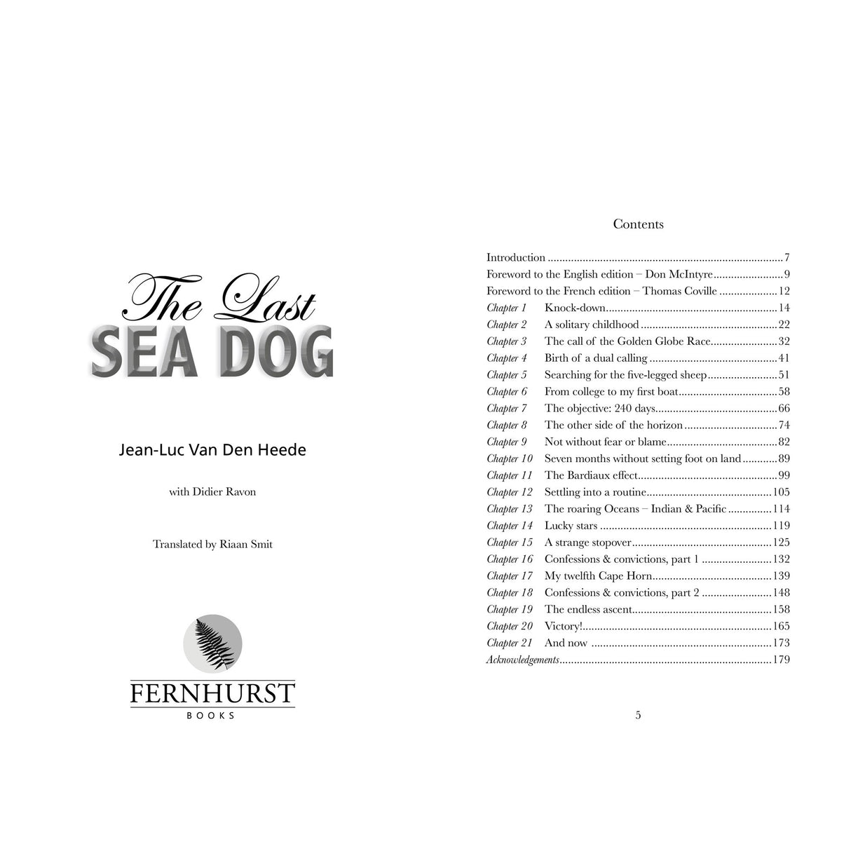 Contents page for "Last Sea Dog" by Jean-Luc Van Den Heede, outlining his solo circumnavigation adventures with chapters and page numbers; the Fernhurst Books logo appears at the bottom left.
