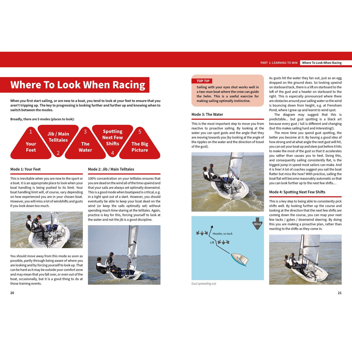 Two pages from Helming To Win by Fernhurst Books explain where to look when racing, featuring diagrams and a dinghy photo. Key techniques on observing water, telltales, and wind shifts are clearly illustrated.