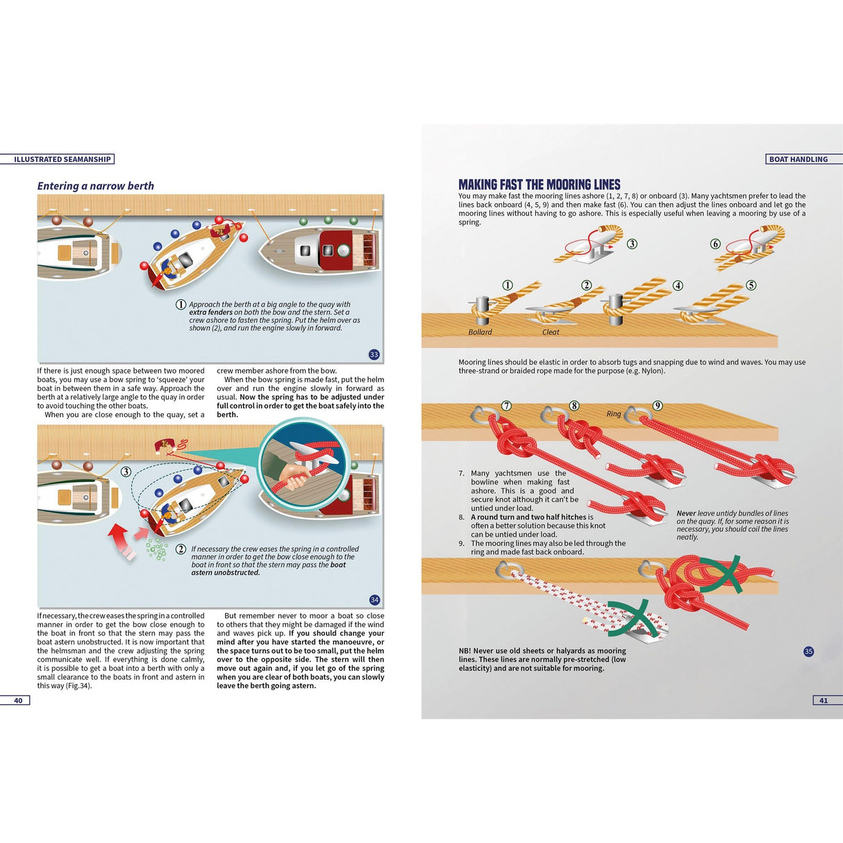 Two illustrated pages from Illustrated Seamanship by Fernhurst Books: the left page shows traditional sailing techniques for entering a narrow berth, while the right explains rope handling with red rope diagrams and labeled steps.