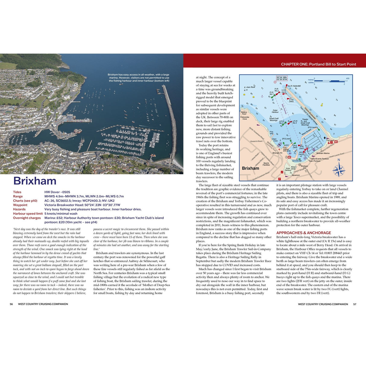 Aerial view of Brixham marina and illustrated harbor map—showcasing anchorage and navigation—perfect for Fernhurst Books’ West Country Cruising Companion sailing guide.