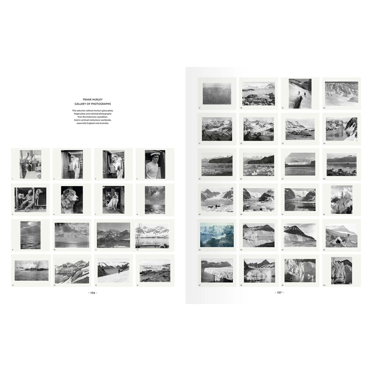Two open pages of The Endurance Photographs book, featuring Frank Hurley’s images of icy landscapes, ships, and expedition members.