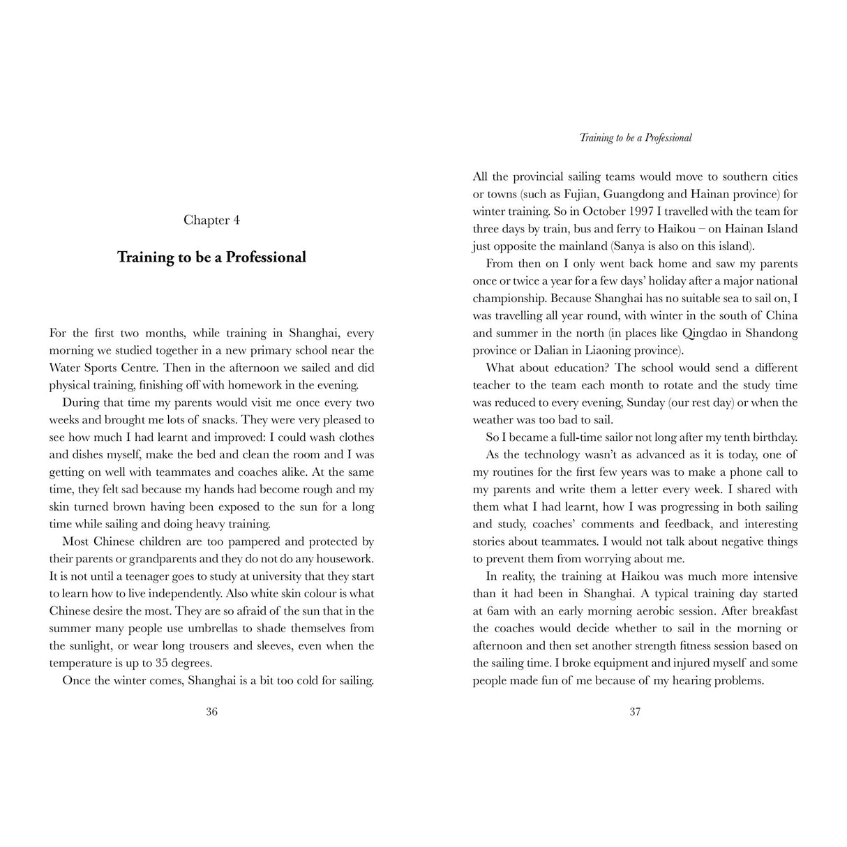 An open copy of “Golden Lily - 10 Years On” by Fernhurst Books shows Chapter 4, "Training to be a Professional," with text on both pages detailing Lijia Xu's Olympic dinghy sailing journey; there are no images or illustrations.