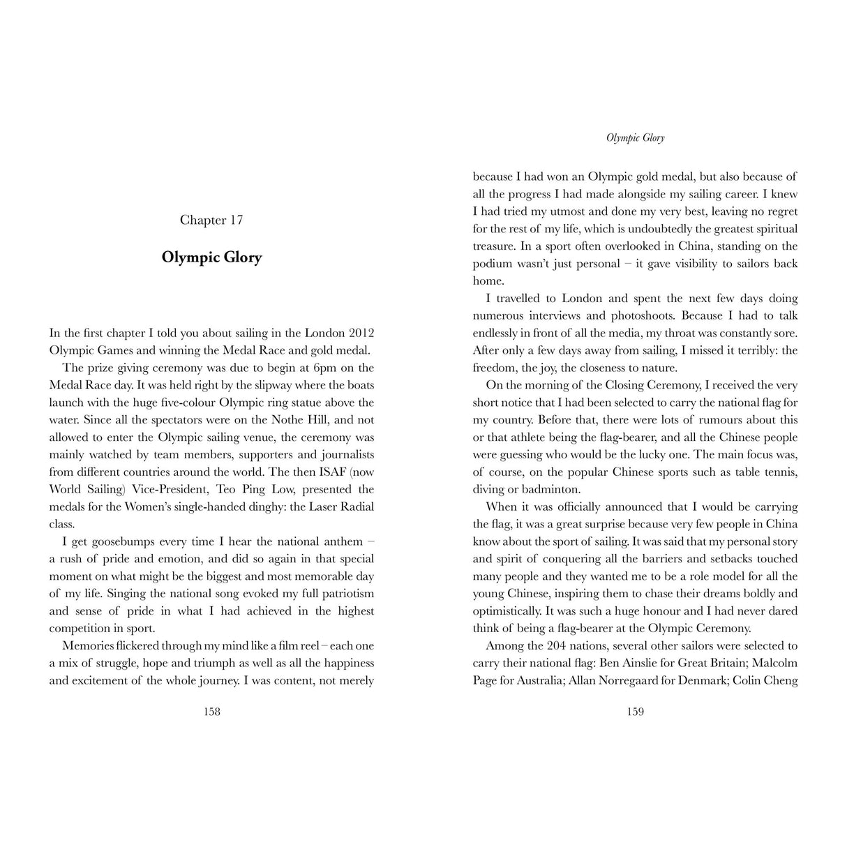 A spread from "Golden Lily - 10 Years On" by Fernhurst Books shows Chapter 17, "Olympic Glory," with two pages detailing Lijia Xu's Olympic dinghy sailing gold and her reflections on the achievement.