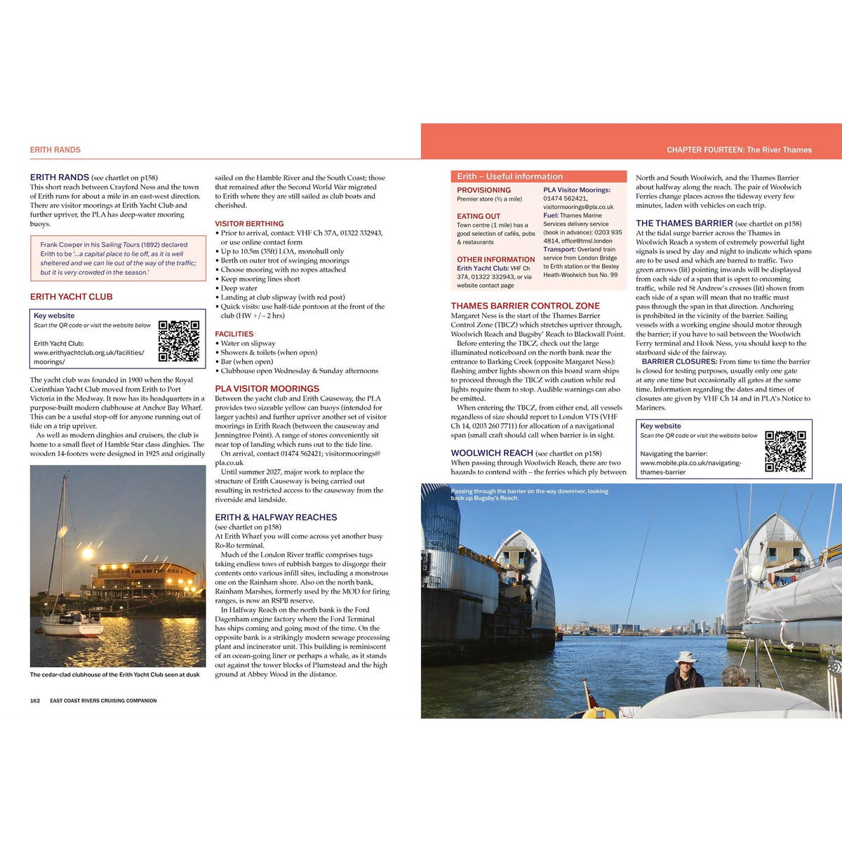 Two pages from the East Coast Rivers Cruising Companion featuring text about Erith Rands, Erith Yacht Club, and the Thames Barrier, accompanied by a photograph of a boat on the river.