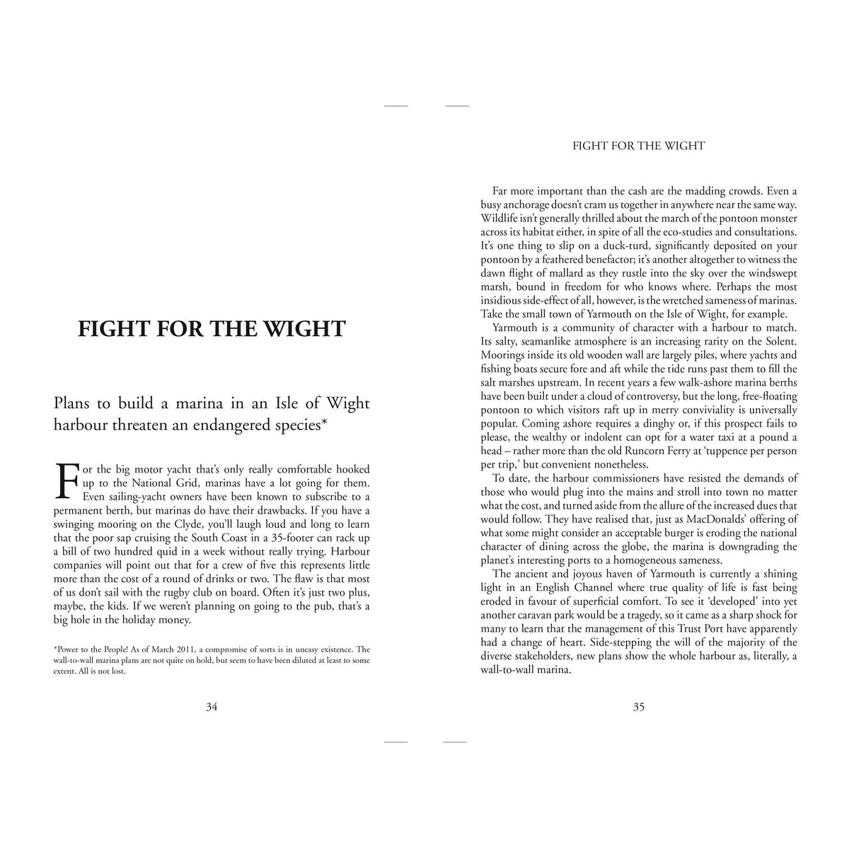 Two pages of the book Sailing, Yachts & Yarns showing Tom Cunliffe’s “Fight for the Wight,” discussing the environmental impact of marina expansion on the Isle of Wight.