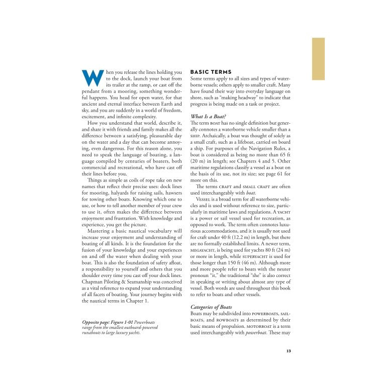 A page from the book Chapman Piloting & Seamanship titled “Basic Terms,” featuring an introductory paragraph and definitions for various types of watercraft.