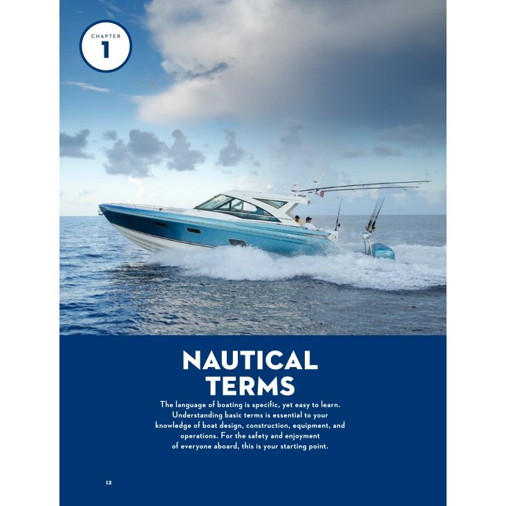 A blue motorboat cruises on the open ocean, shown on a page from the Chapman Piloting & Seamanship book titled “Chapter 1: Nautical Terms.”