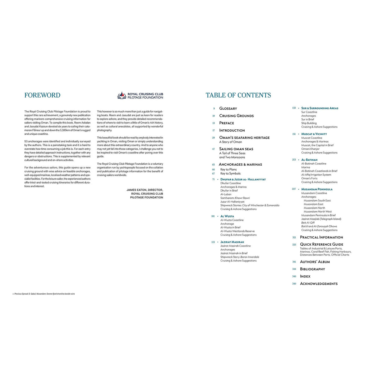 Two open pages of the Sailing Oman - A Yachting Guide showing the foreword on the left and the table of contents on the right.
