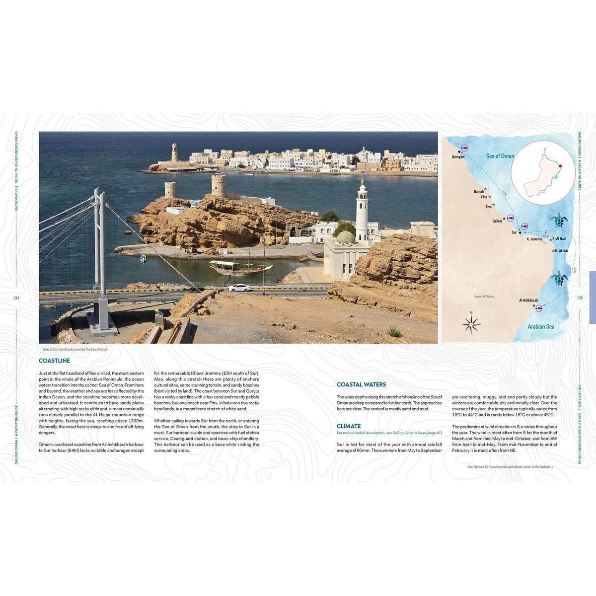 A book spread from Sailing Oman - A Yachting Guide shows a coastal town in Oman with a lighthouse, a small harbor, and a map, alongside text columns describing the local coastline, coastal waters, and climate.