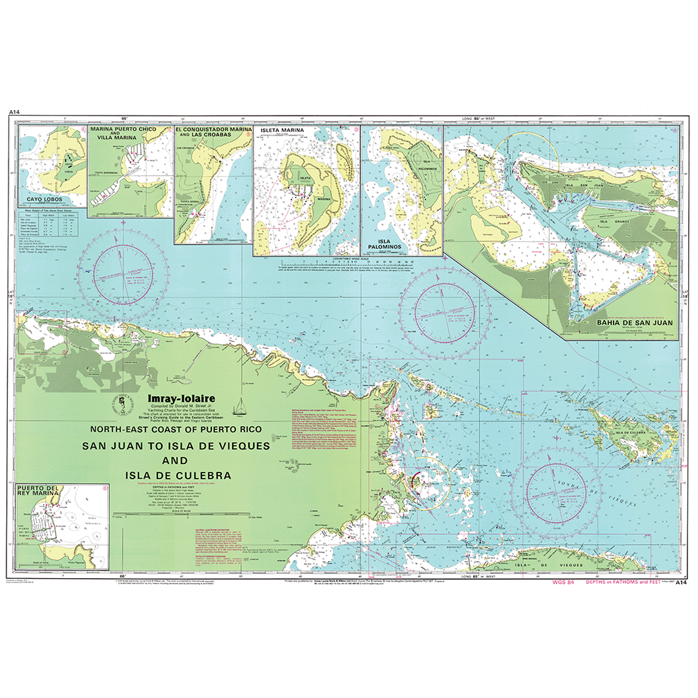 Imray Chart A14: San Juan to Isla de Vieques & Isla de Culebra by Imray provides detailed nautical charts of Puerto Rico's northeast coast with navigation info, local harbor insets, depth markings, and coastal features for Eastern Caribbean sailing.