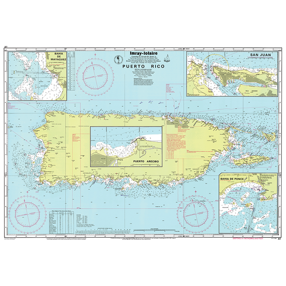 The Imray Chart A1 | Puerto Rico by Imray is a detailed nautical chart essential for Caribbean navigation, showcasing Puerto Rico's coastline, marine navigation details, depth contours, and various nautical markings. The chart also includes insets with close-ups of San Juan, Bahia de Mayaguez, Bahia de Ponce, and Puerto Arecibo.