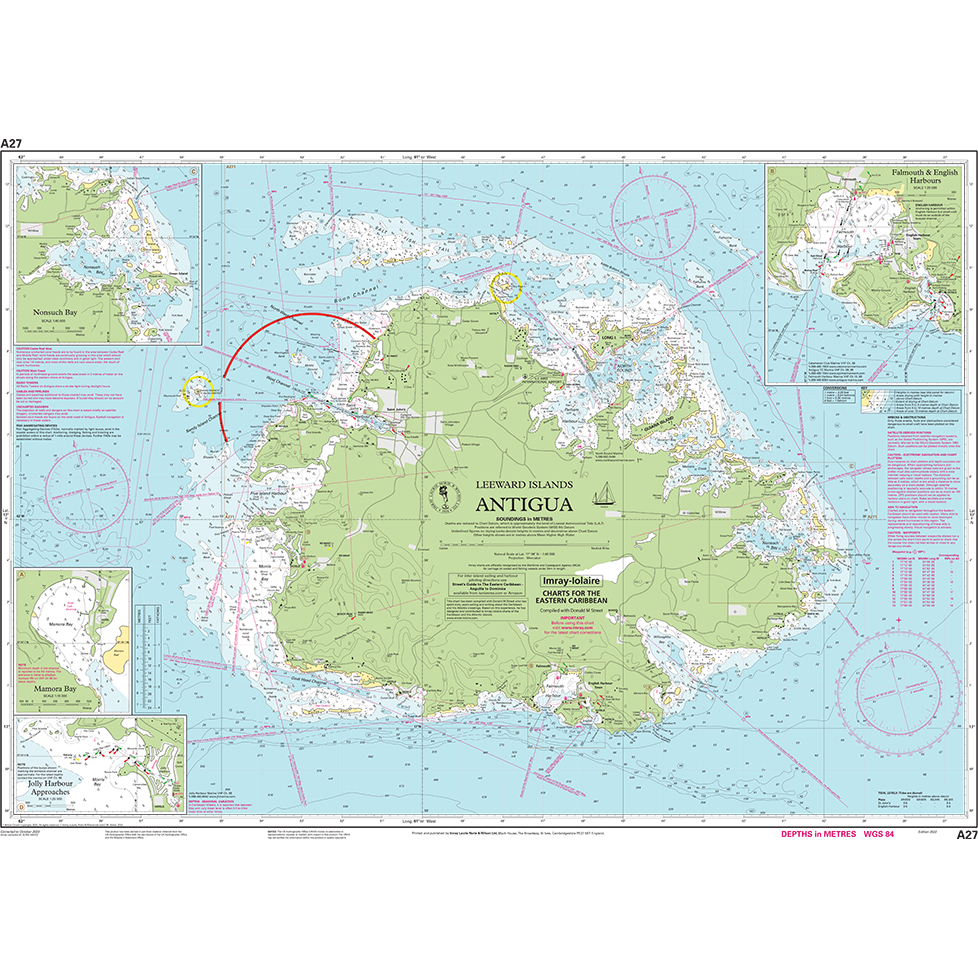 Imray Chart A27: Antigua by Imray shows Antigua's coastal outlines, bathymetric water depths, navigation aids, reefs, and nearby islands. Insets cover harbors and anchorages. Includes navigational notes for small craft.