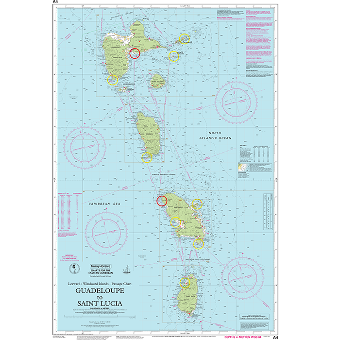 The Imray Chart A4 | Guadeloupe to St Lucia by Imray is a nautical chart depicting part of the Caribbean Sea and the North Atlantic Ocean between Guadeloupe and Saint Lucia. This comprehensive chart provides detailed coastal outlines, island names, water depths, navigational hazards, and shipping routes to ensure safe maritime navigation for vessels.