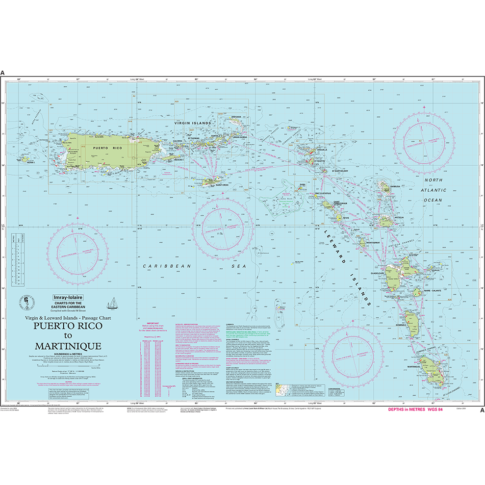 Imray Chart A: Puerto Rico to Martinique by Imray details navigation routes, depths, and island names from Puerto Rico and the Virgin Islands to Martinique—an essential nautical chart for Caribbean Sea and North Atlantic Ocean navigation.