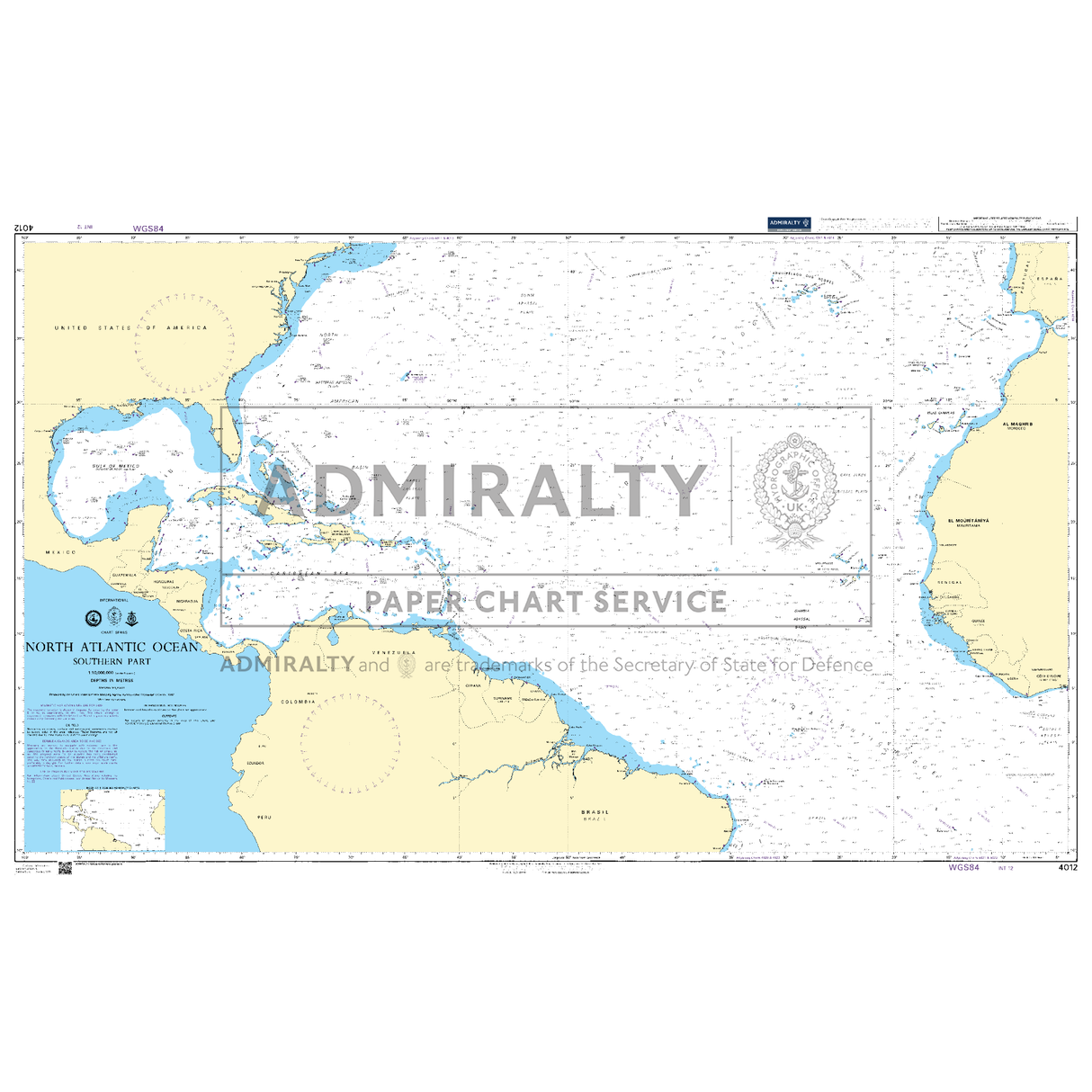 The Admiralty Chart 4012: North Atlantic Ocean Southern Part is a detailed official paper chart providing commercial shipping routes, coastlines, and depth contours in the North Atlantic Ocean. Published by the Admiralty, it includes various navigation references and labels.