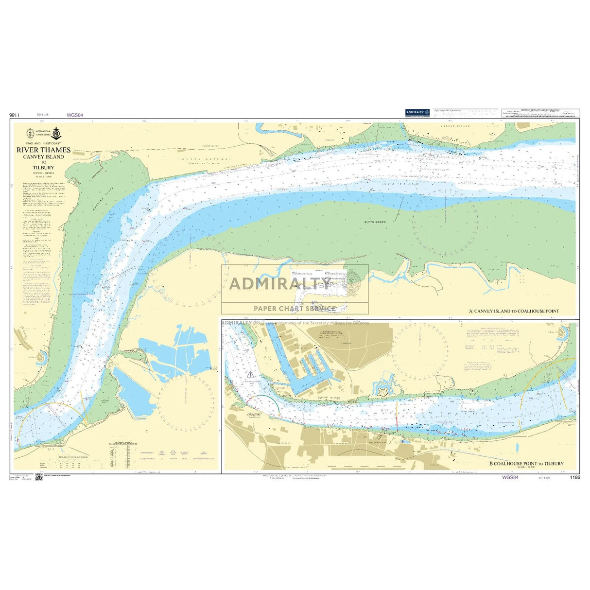 Product image of Admiralty Chart 1186 | River Thames Canvey Island to Tilbury, featuring navigational markings, depth soundings, and coastal features, essential for safe marine navigation. It could be displayed as an art piece or used for navigation on a boat or ship.