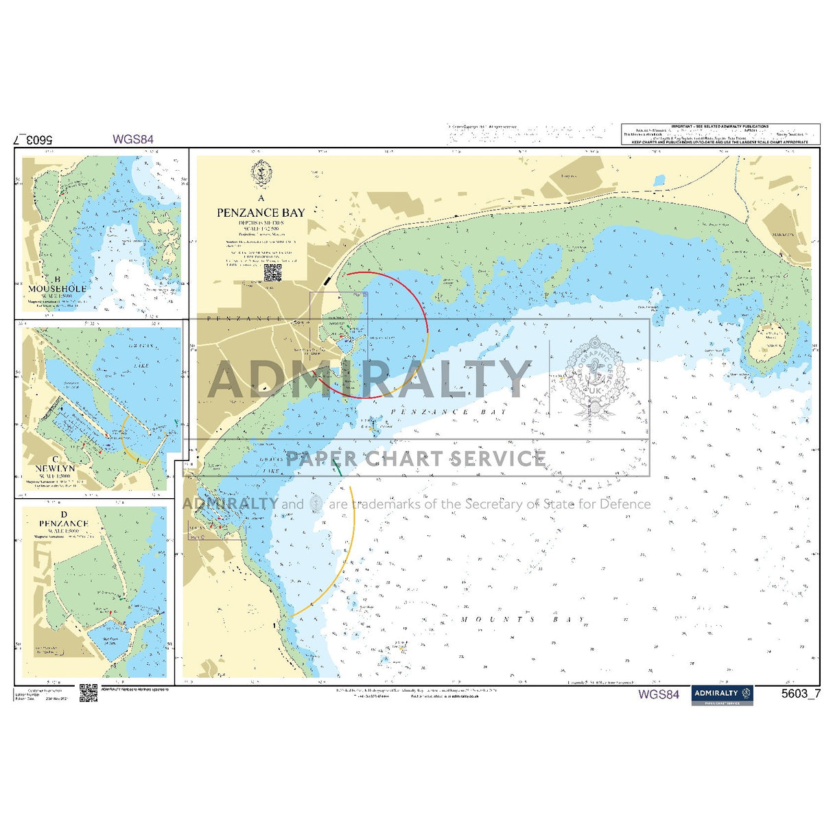 Nautical chart 5603_7 Penzance Bay on the Cornish coast with 4 panels