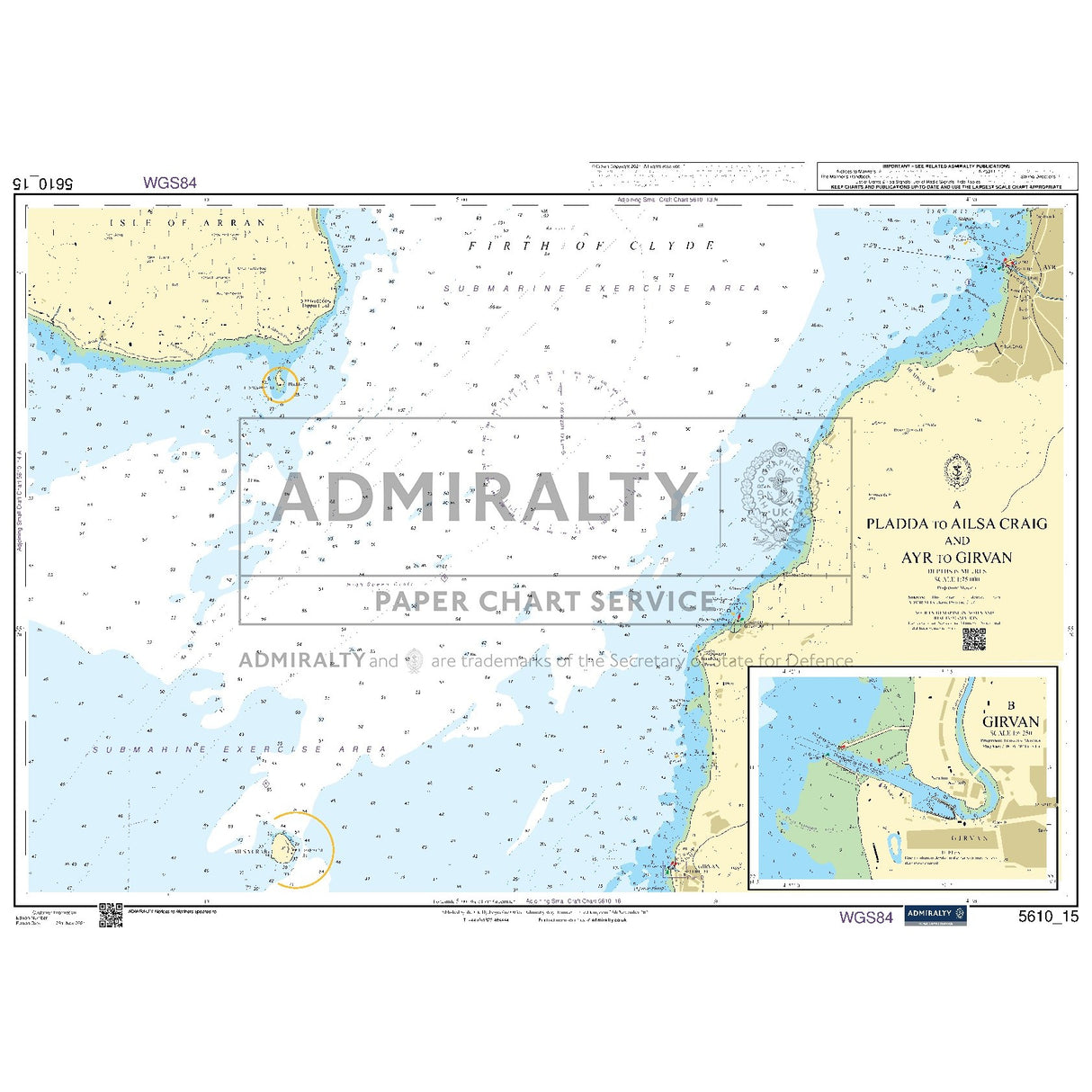 Nautical chart 5610_15 Pladda to Ailsa Craig and Ayr to Girvan in the Firth of Clyde with 2 panels
