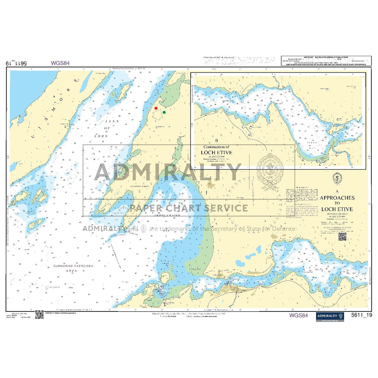 Nautical chart 5611_19 Approaches to Loch Etive on the west Scottish coast with 2 panels